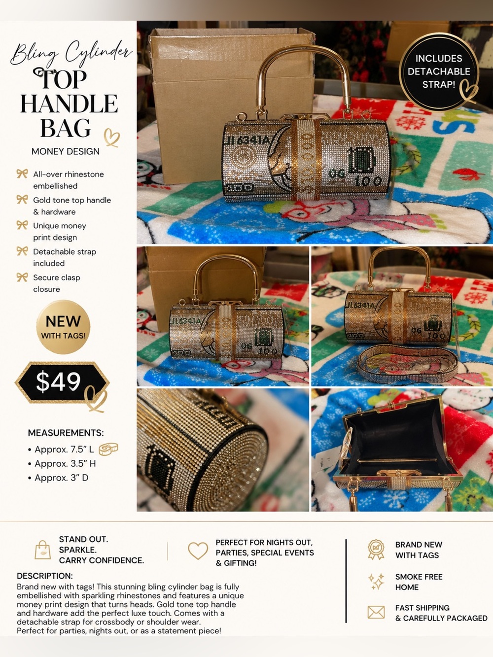 Rhinestone Money Roll Top-Handle Evening Bag in Gold and Black